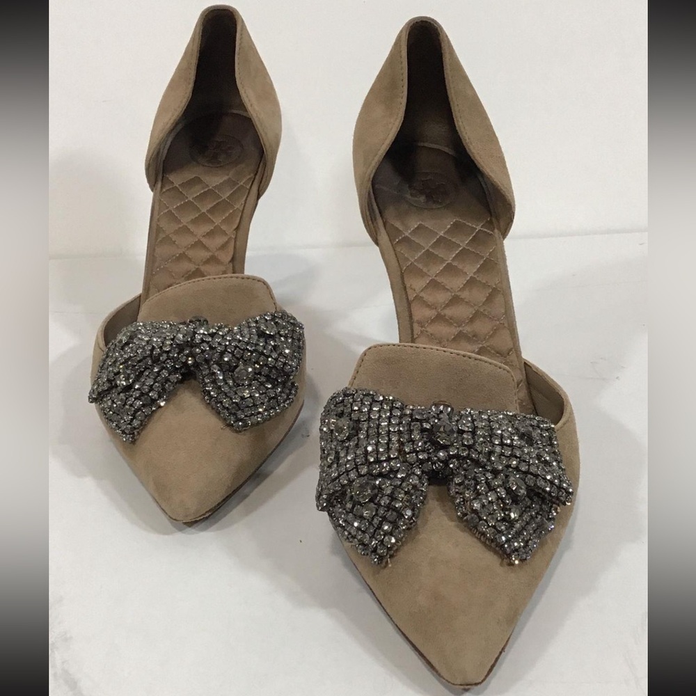 Women’s Tory Burch Elegant Tan Suede Heels with Embellished Bow Size 7.5M